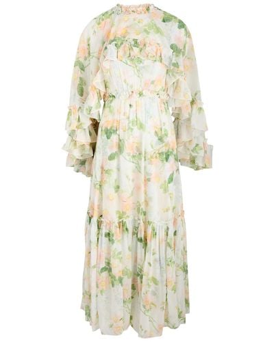 Needle & Thread Immortal Rose Harper Floral-Print Chiffon Gown - White