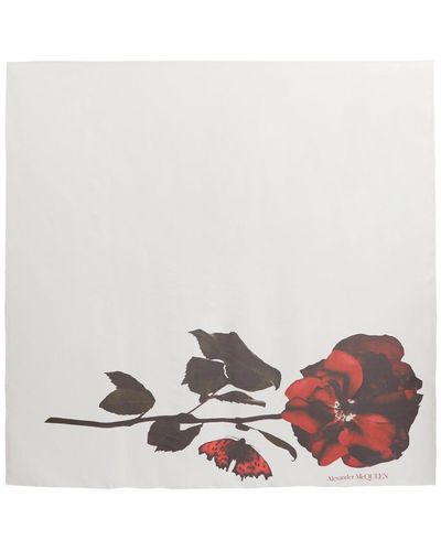Alexander McQueen Rose And Logo Print Silk Scarf - White
