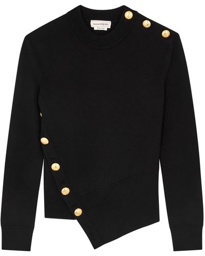 Alexander McQueen Asymmetric Embellished Wool-Blend Jumper - Black