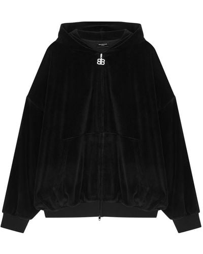 Balenciaga Crystal-Embellished Hooded Velour Sweatshirt - Black