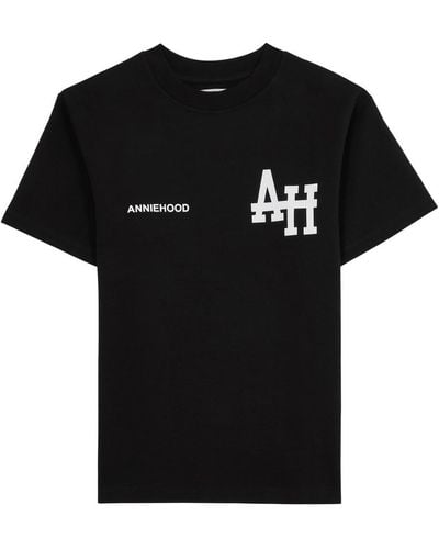 Annie Hood College Logo-Print Cotton T-Shirt - Black
