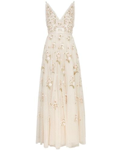 Needle & Thread Posy Floral-Embroidered Tulle Gown - Natural