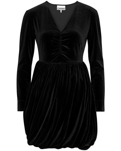 Ganni Ruched Velvet Mini Dress - Black