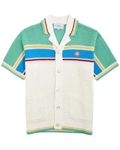 Casablancabrand Tennis Club Striped Crochet-Knit Shirt - Blue