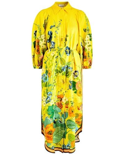 ALÉMAIS Cresida Floral-Print Linen Midi Shirt Dress - Yellow