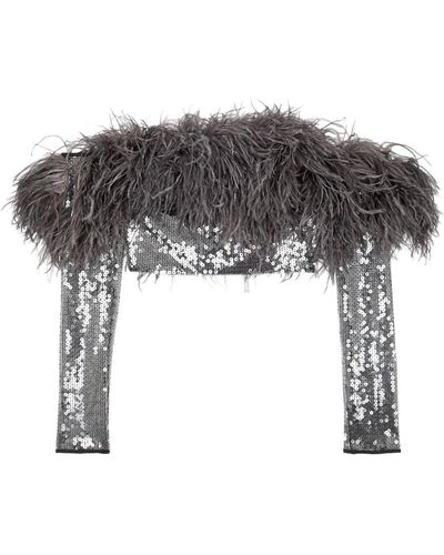 David Koma Feather-trimmed Sequin Top - Grey