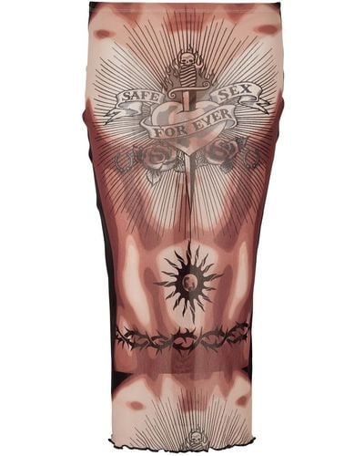 Jean Paul Gaultier Safe Sex Tattoo Printed Tulle Midi Skirt - Natural