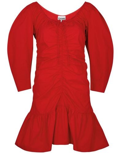 Ganni Ruched Cotton Mini Dress - Red