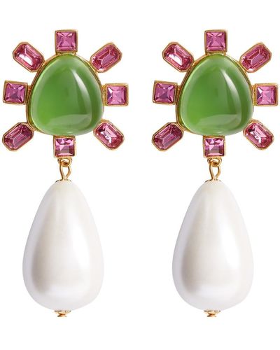 Kenneth Jay Lane Crystal And Pearl-embellished Clip-on Drop Earrings - Green