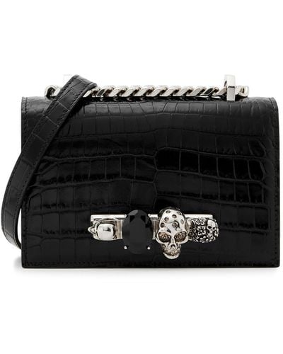 Alexander McQueen Skull And Jewel-embellished Mini Croc-embossed Leather Cross-body Bag - Black