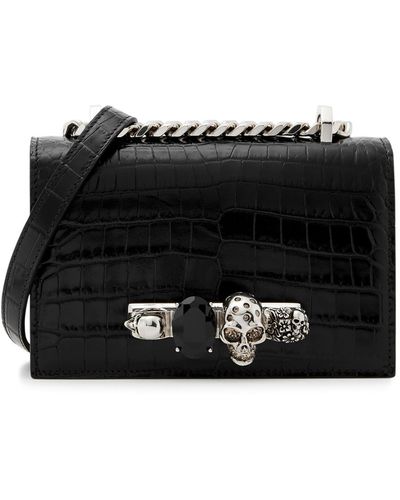 Alexander McQueen The Jeweled Satchel Mini Crocodile-effect Leather Cross-body Bag - Black