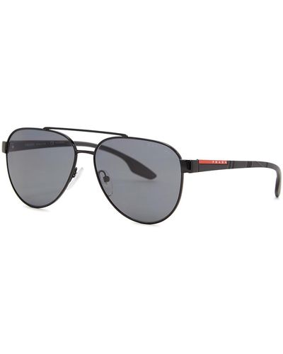Prada Linea Rossa Aviator-Style Sunglasses, Metal, Designer-Engraved Charcoal Polarised Lenses - Black