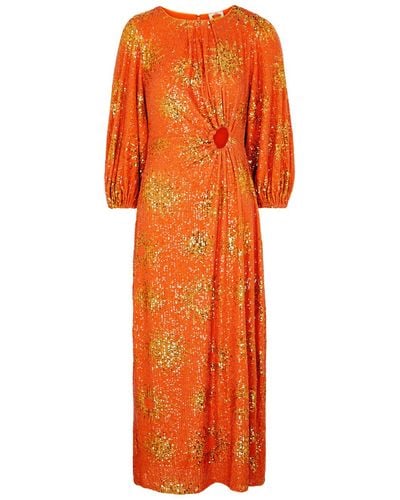 FARM Rio Sunny Mood Sequin-embellished Midi Dress - Orange