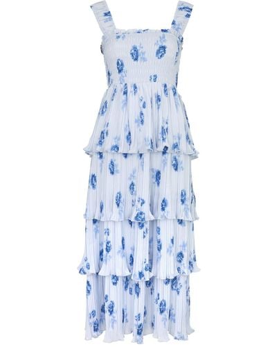 Ganni Floral-Print Plissé Georgette Midi Dress - Blue
