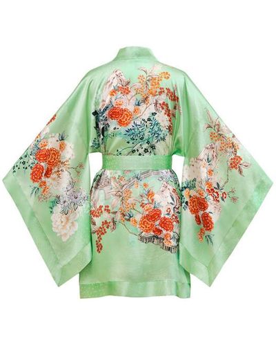 Meng Sage Pagoda Silk Satin Short Kimono - Green