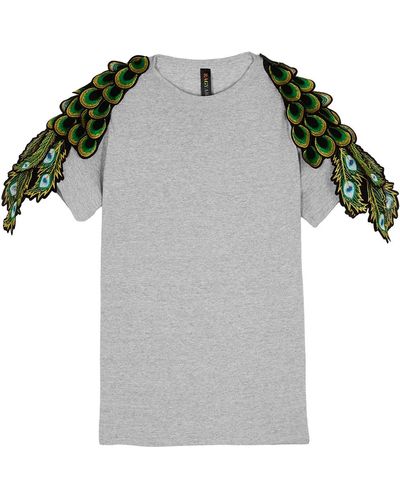 RAGYARD Peacock Feather-appliquéd Cotton T-shirt - Grey
