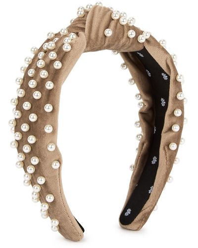 Lele Sadoughi Taupe Faux Pearl-Embellished Velvet Headband - Natural
