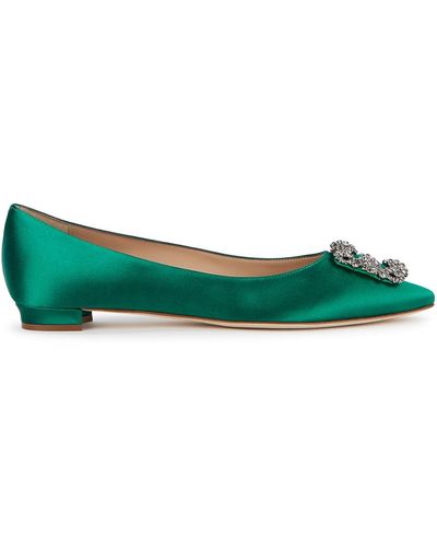 Manolo Blahnik Hangisi 10 Emerald Silk-Satin Flats, Court Shoes, 4 - Green