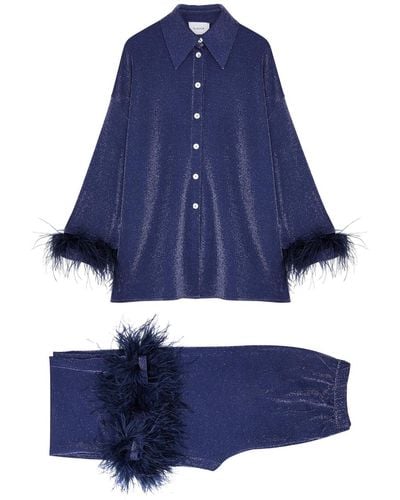 Sleeper Cosmos Feather-trimmed Metallic Pajama Set - Blue