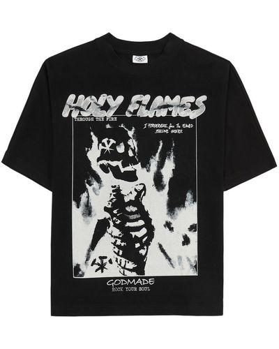 God Made Holy Flames Printed Cotton T-Shirt - Black