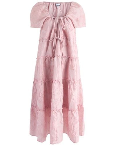 Ganni Floral-Jacquard Tiered Cloqué Maxi Dress - Pink