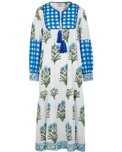 SZ Blockprints Jodhpur Floral-print Cotton Midi Dress - Blue