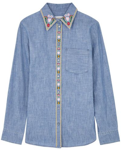Weekend by Maxmara Udine Floral-embroidered Chambray Shirt - Blue