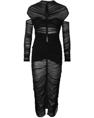 Mugler Ruched Stretch-Tulle Midi Dress - Black