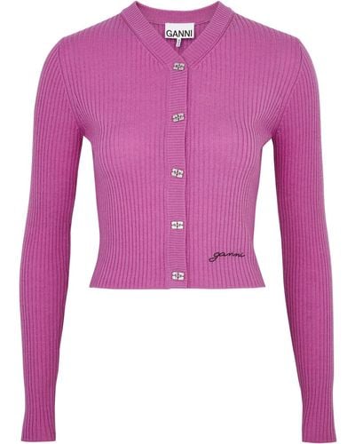 Ganni Ribbed Wool Cardigan - Pink