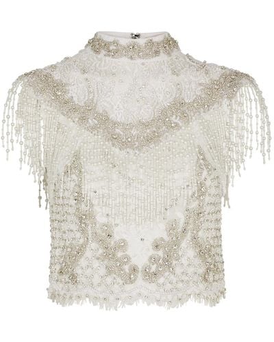 Alice + Olivia Pria Embellished Lace Top - White
