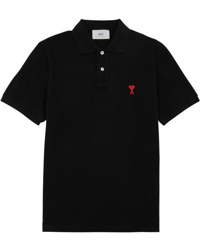 Ami Paris Logo-Embroidered Piqué Cotton Polo Shirt - Black