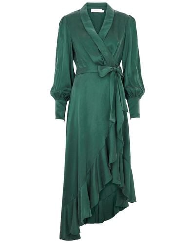 Zimmermann Ruffled Silk-satin Midi Wrap Dress - Green