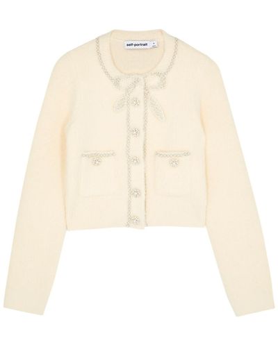 Self-Portrait Embellished Cropped Knitted Cardigan - Natural