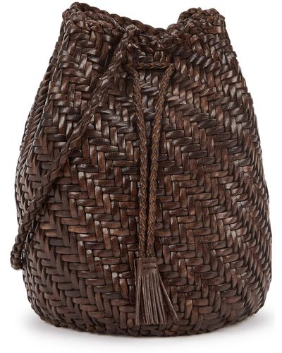 Dragon Diffusion Pom Pom Double Brown Woven Leather Bucket Bag