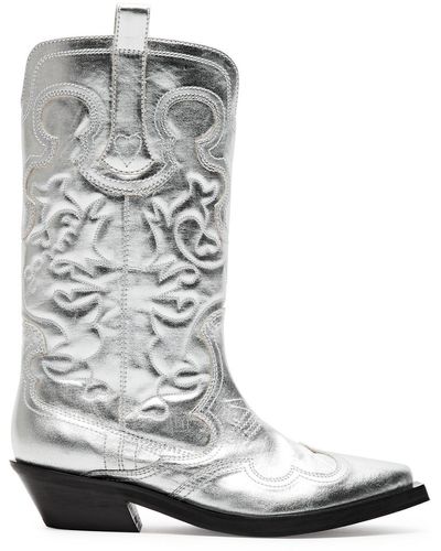 Ganni 50 Metallic Leather Cowboy Boots - Gray