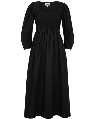 Ganni Smocked Cotton-poplin Midi Dress - Black