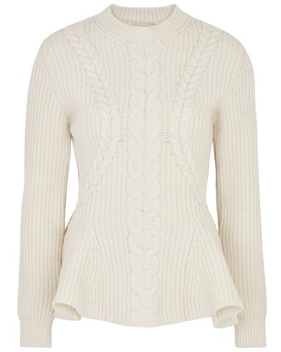 Alexander McQueen Cable-knit Peplum Wool-blend Sweater - White