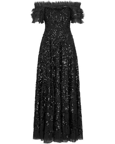 Needle & Thread Sequin Wreath Off-the-shoulder Tulle Gown - Black