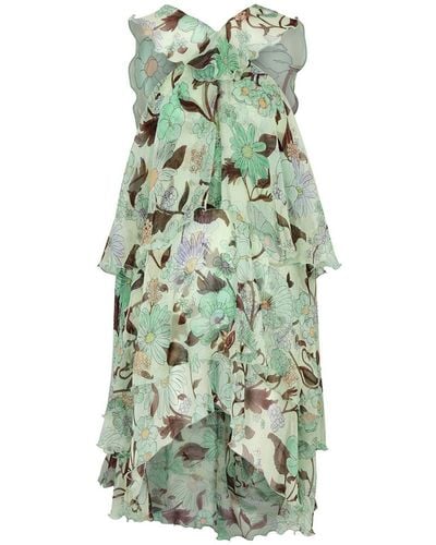 Stella McCartney Floral-print Tiered Silk-chiffon Mini Dress - Green