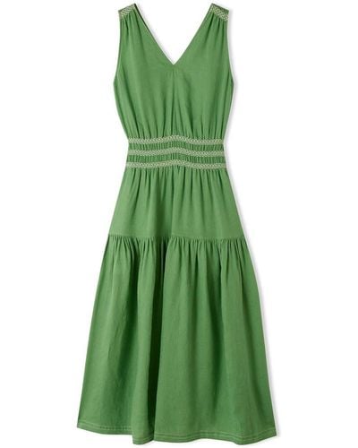 Jigsaw Light Linen Smocked Maxi Dress - Green