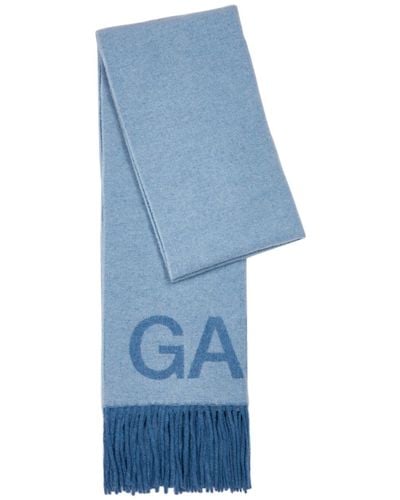 Ganni Logo Fringed Wool Scarf - Blue