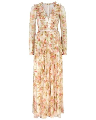Needle & Thread Peony Promise Floral-Print Ruffled Tulle Gown - Natural
