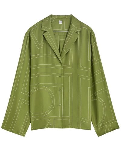 Totême Logo-Embroidered Silk-Satin Shirt - Green
