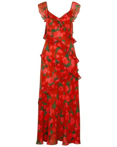 RIXO London Gail Printed Ruffled Silk Maxi Dress - Red