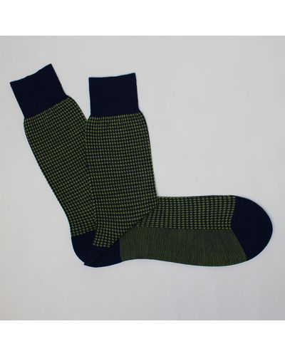 Harvie & Hudson Gold And Blue Houndstooth Wool Socks - Green