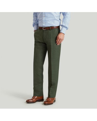 Harvie & Hudson Dark Green Plain Linen Unfinished Trouser