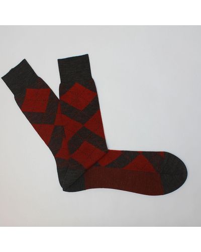 Harvie & Hudson Red And Brown Diamond Wool Socks