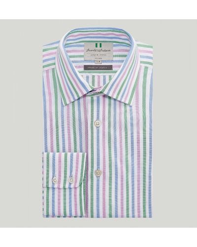 Harvie & Hudson Blue And Green Stripe Button Cuff Classic Fit Shirt