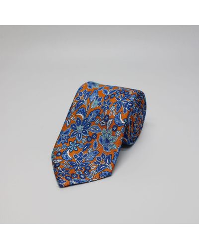 Harvie & Hudson Orange Large Floral Printed Silk Tie - Blue