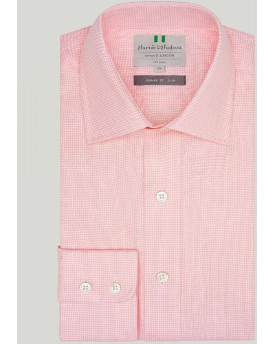 Harvie & Hudson Pink Houndstooth Check Button Cuff Slim Fit Shirt